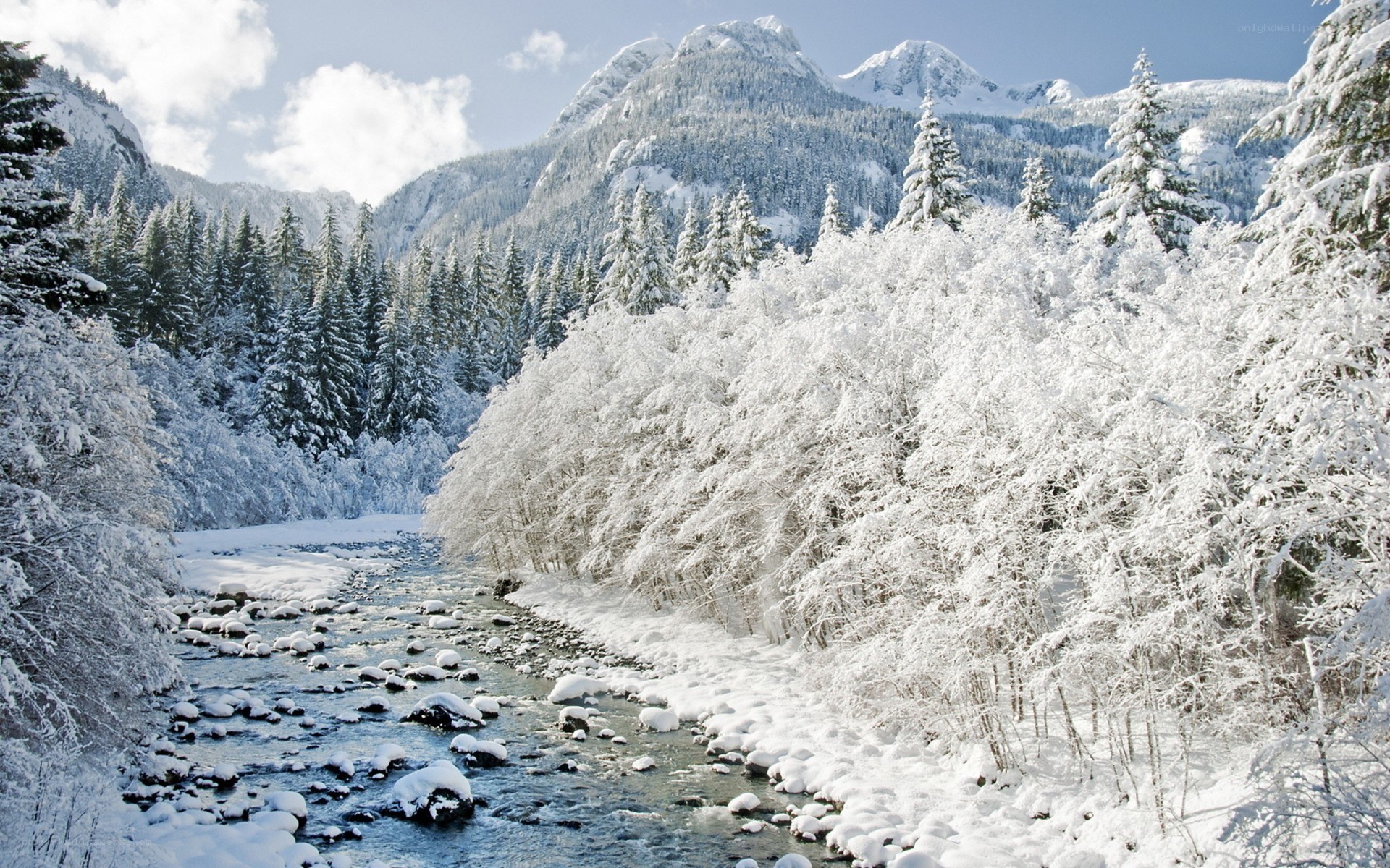 Snowy river in mountain valley