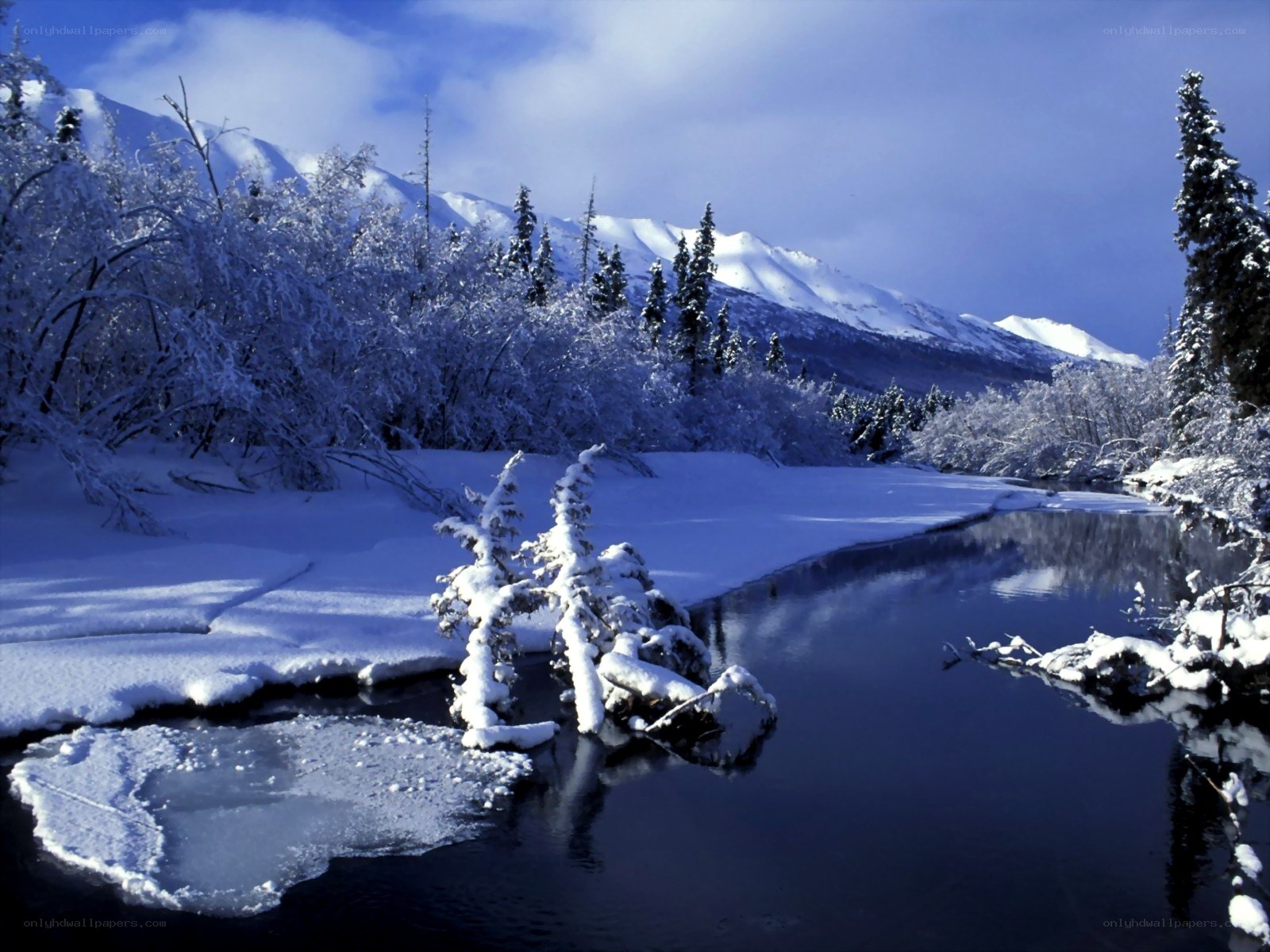 Snowy river in mountain valley