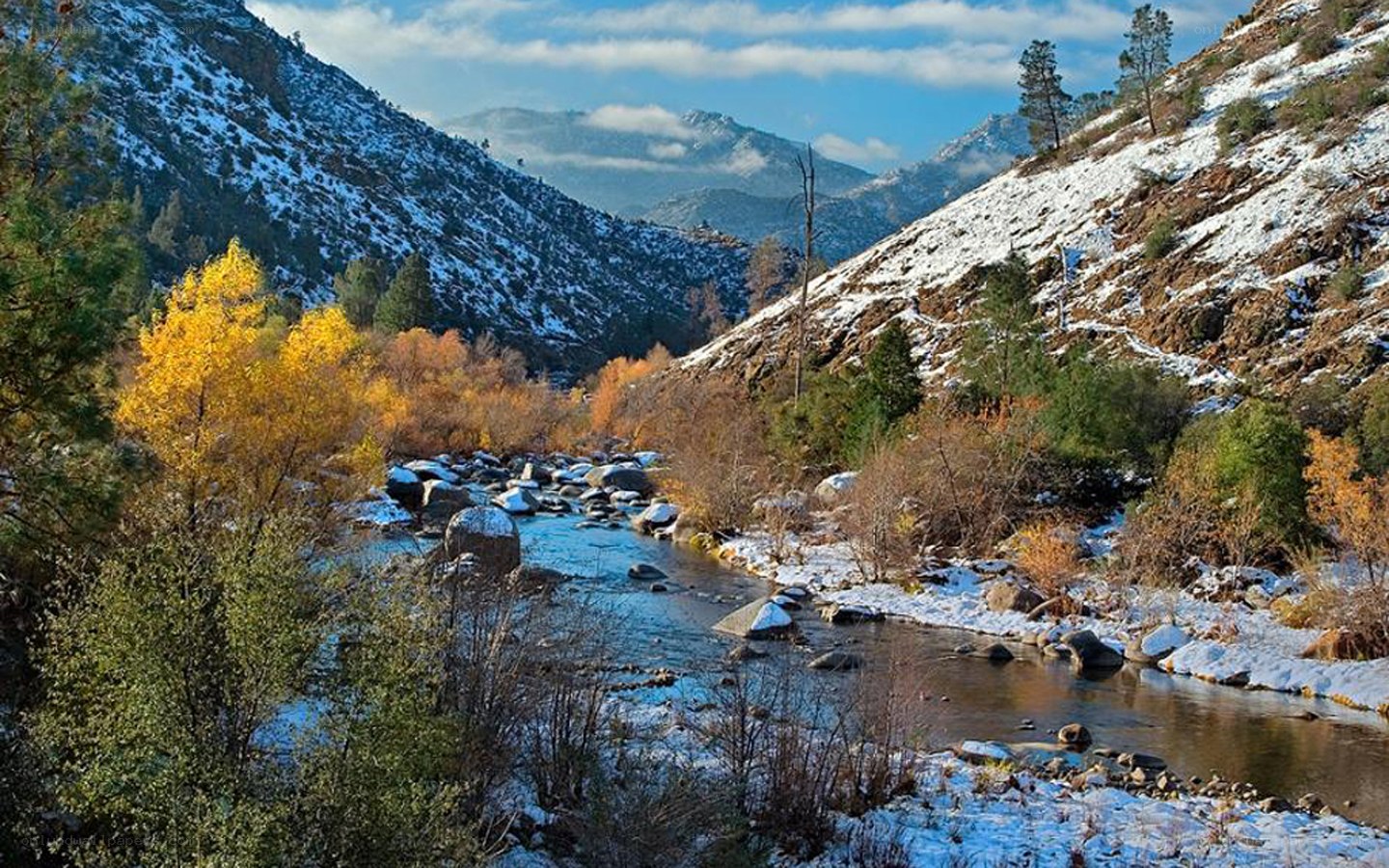 Snowy river in mountain valley