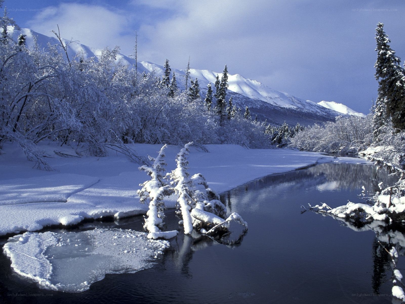 Snowy river in mountain valley