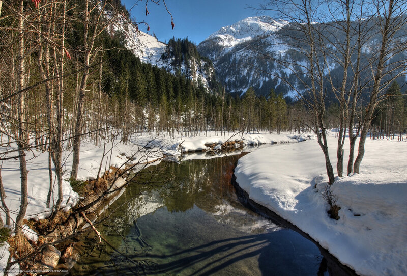 Snowy River in Mountains — White, Serene, Winter, Photograph