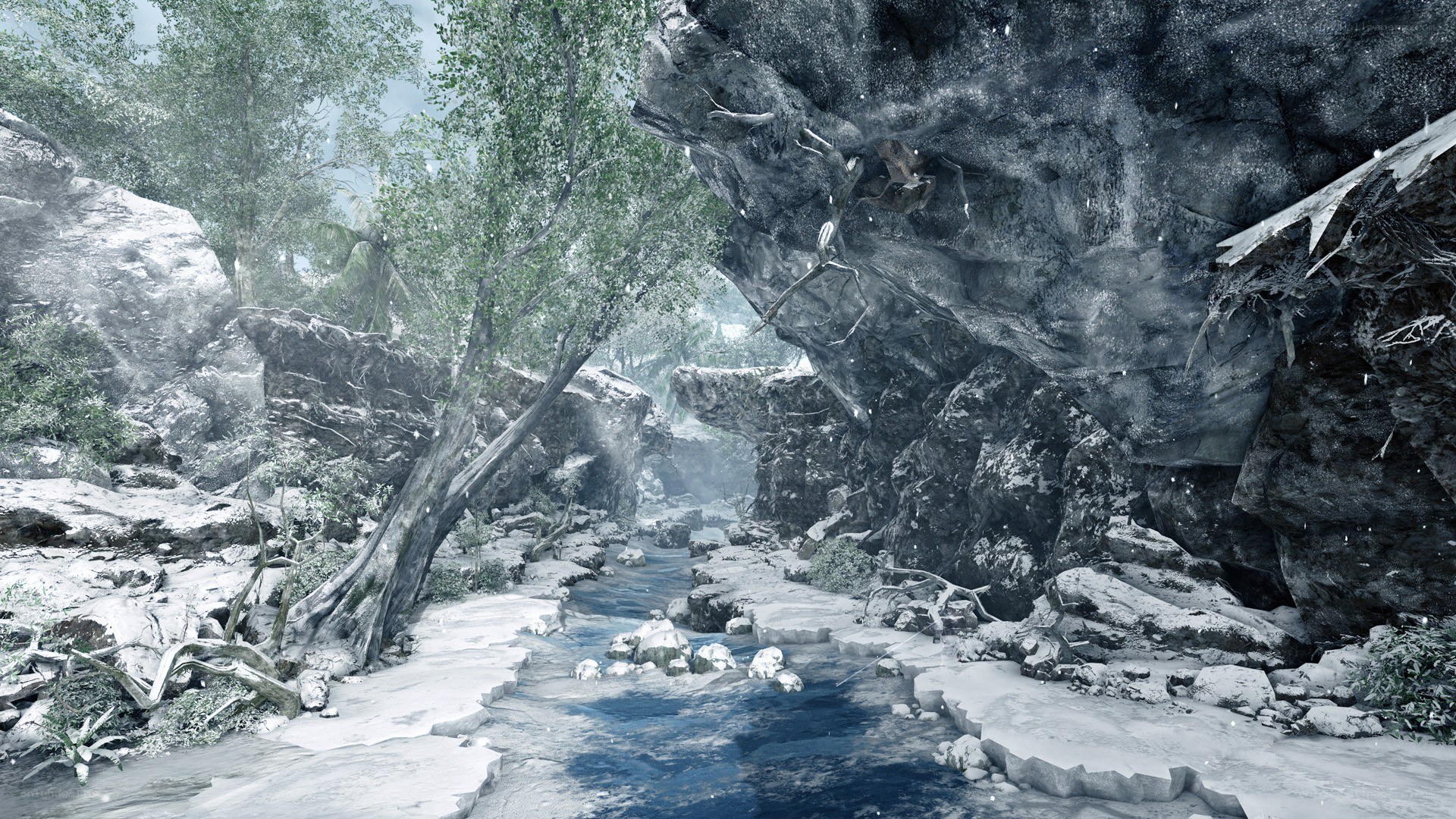 snowy river in rocky canyon
