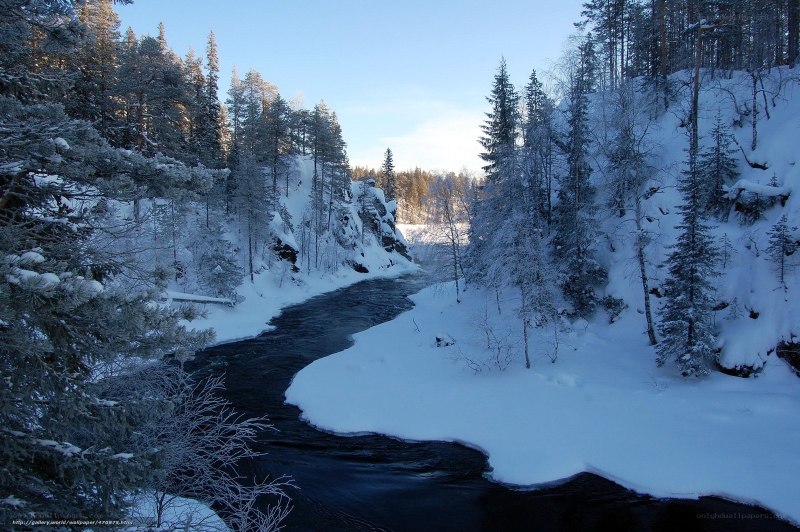 Snowy river in winter forest
