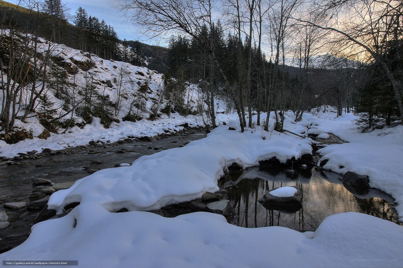 Snowy river in winter forest