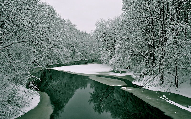 Snowy river in winter forest