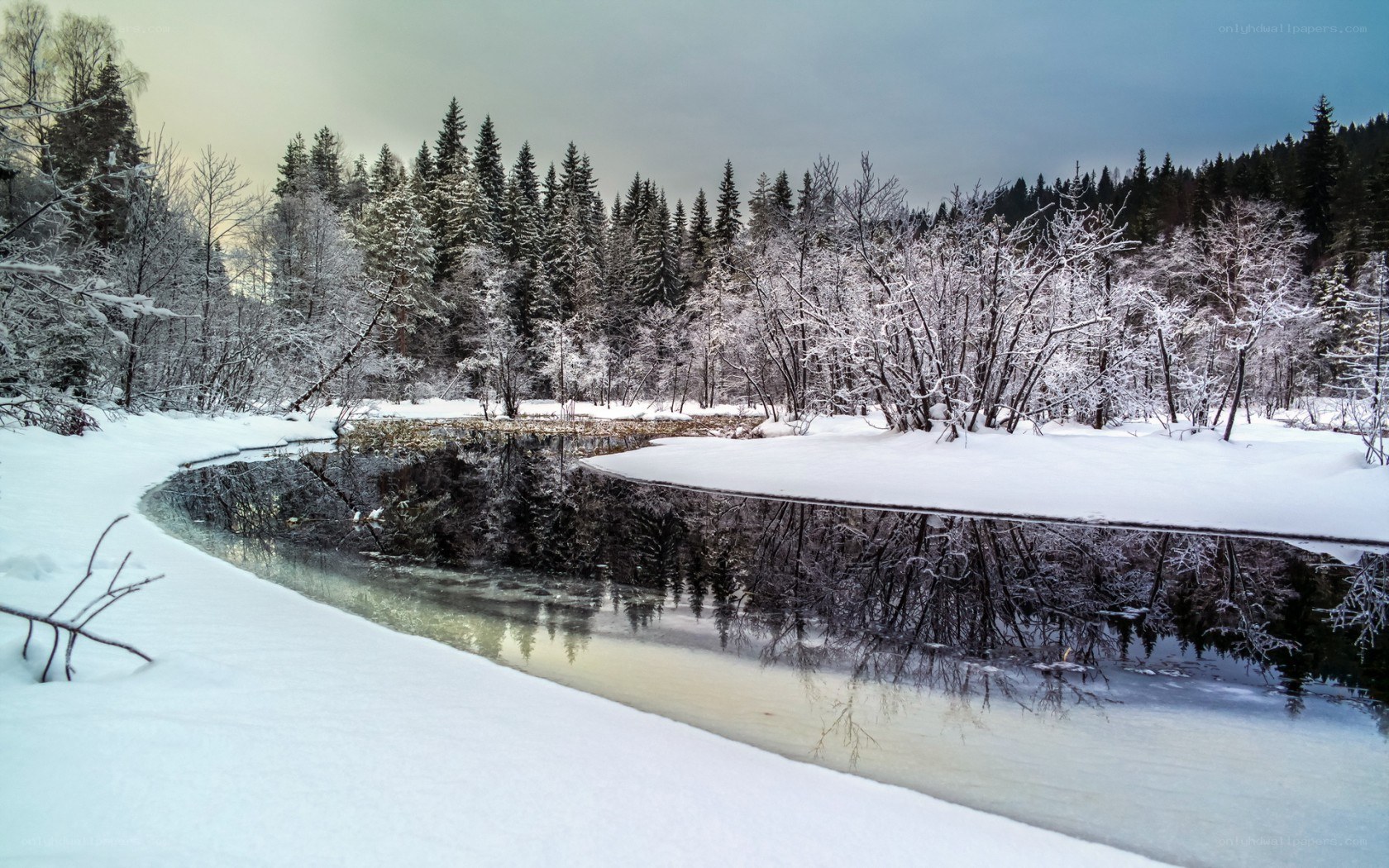 Snowy river in winter forest