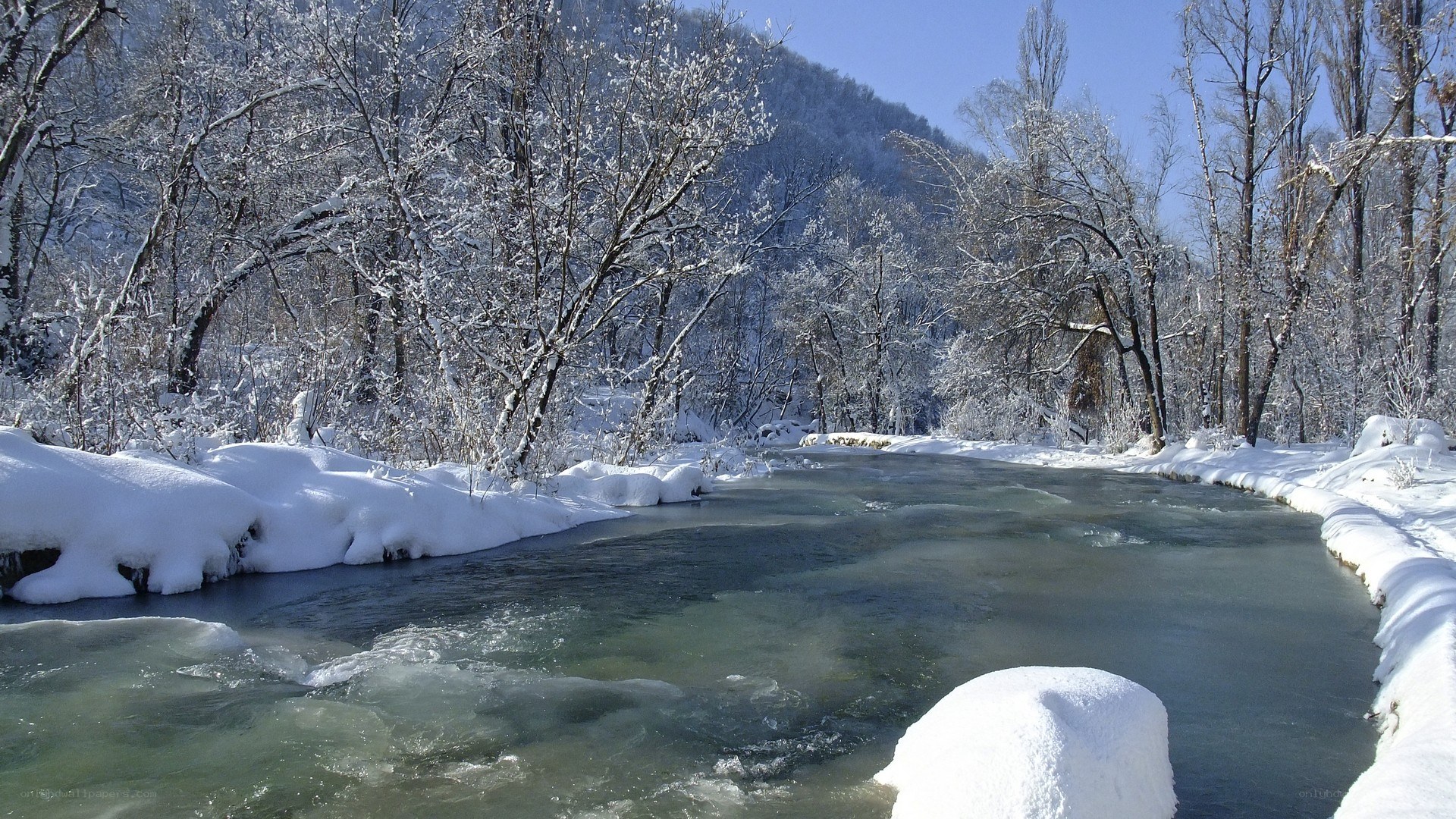 Snowy river in winter landscape