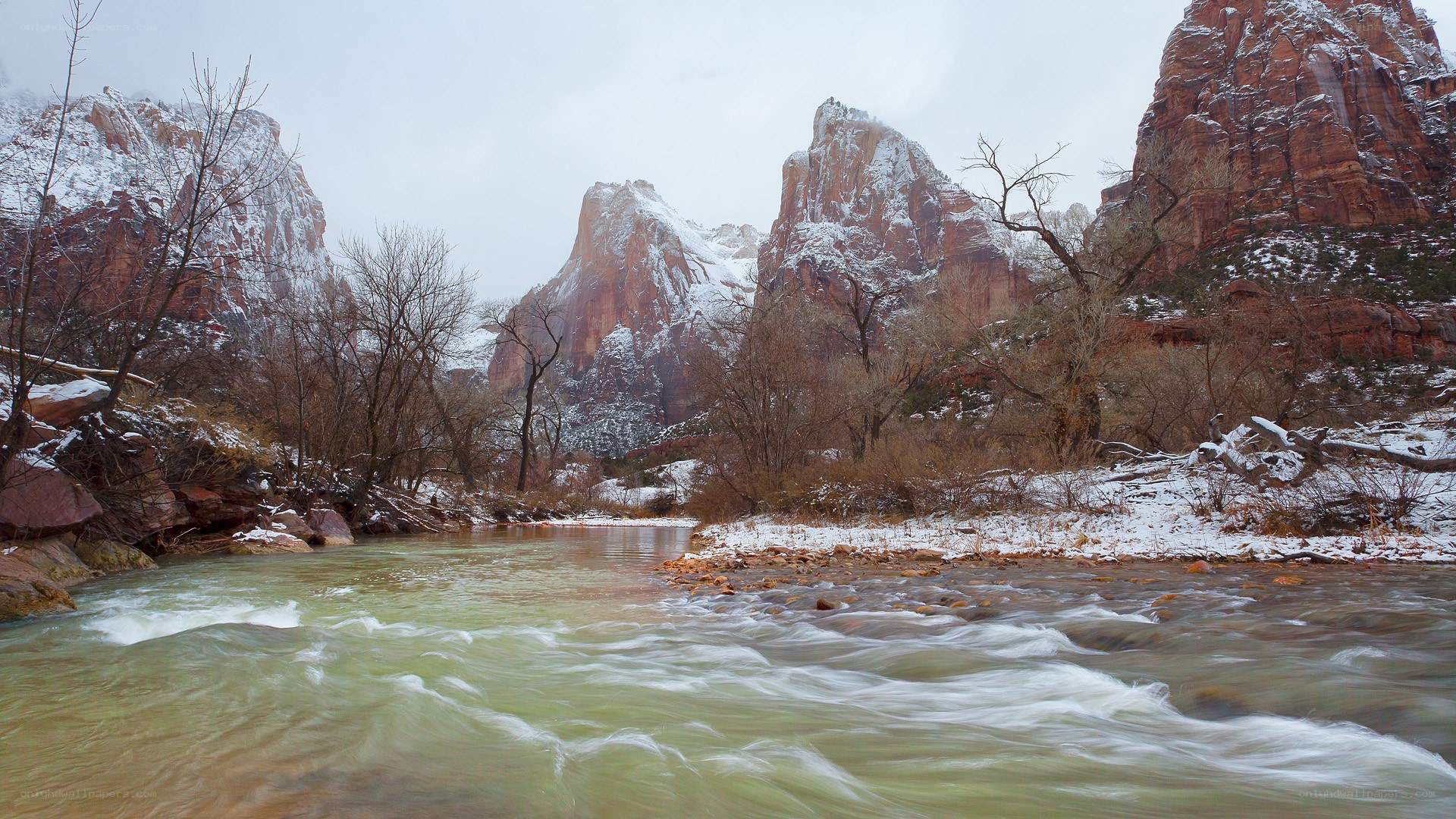 Snowy river in Zion Canyon