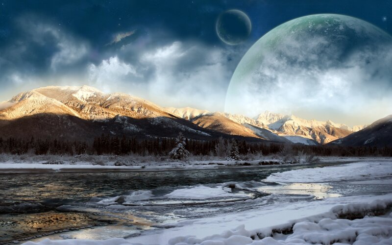 Snowy River Landscape — Blue, Dramatic, Winter, Digital Art, Mountains, Planets