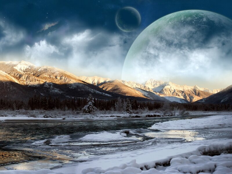 Snowy River Landscape — Blue, Dramatic, Winter, Digital Art