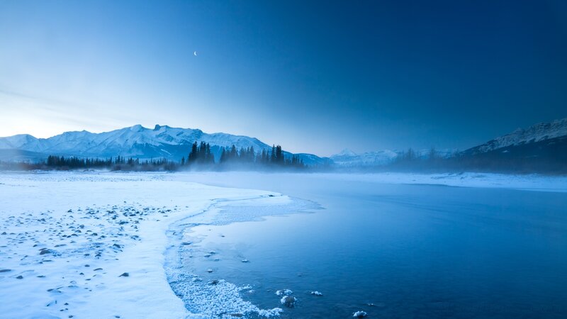 Snowy River Landscape — Blue, Serene, Night, Photograph