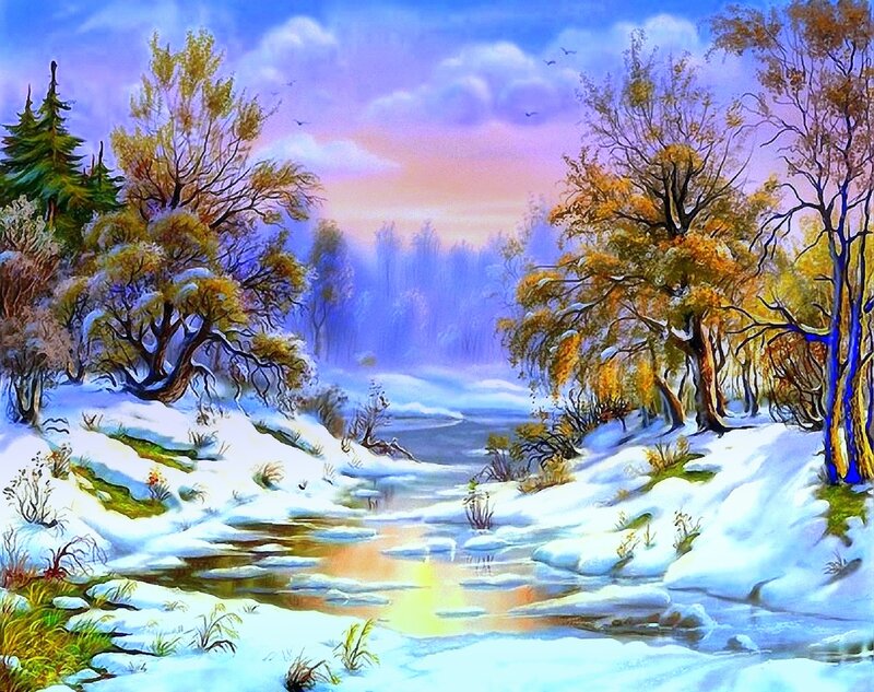 Snowy River Landscape — Blue, Serene, Winter, Painting