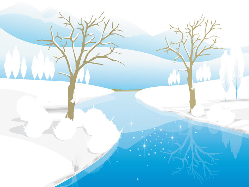 Snowy River Landscape — Blue, Serene, Winter, Vector Art