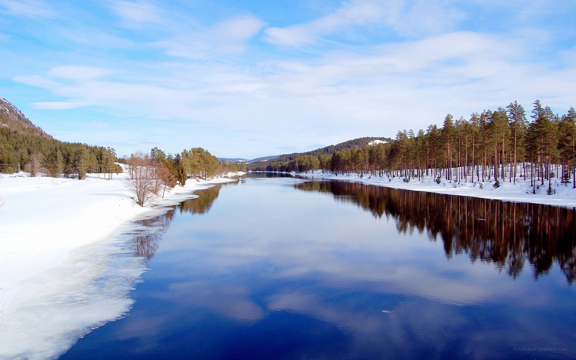 Snowy river landscape in winter