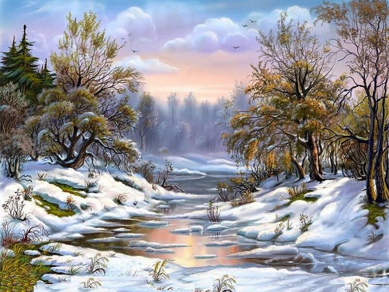 Snowy River Landscape — White, Serene, Winter, Painting