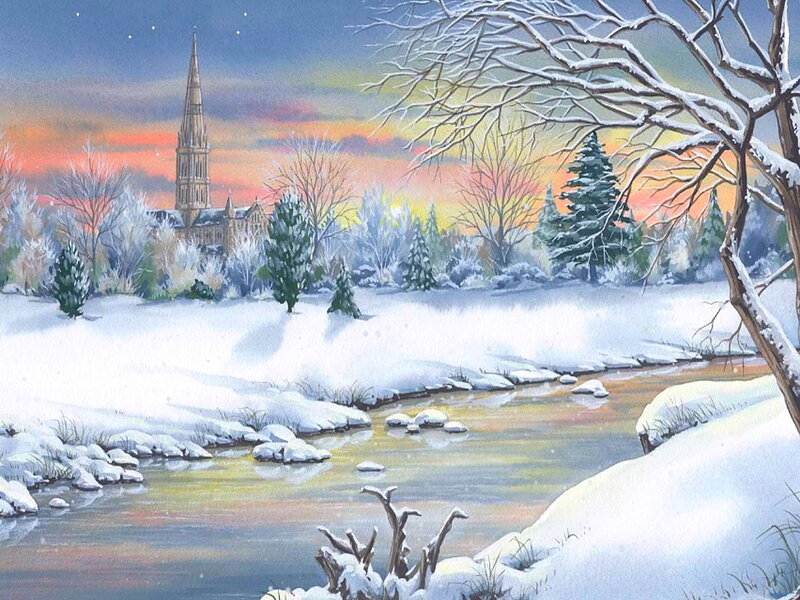 Snowy River Landscape — White, Serene, Winter, Painting, Trees, Church
