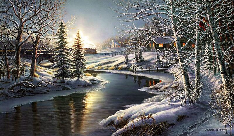 Snowy River Landscape — White, Serene, Winter, Painting, Trees