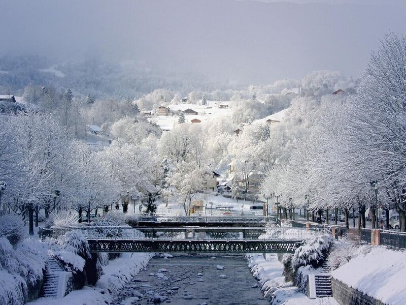 Snowy river town in winter