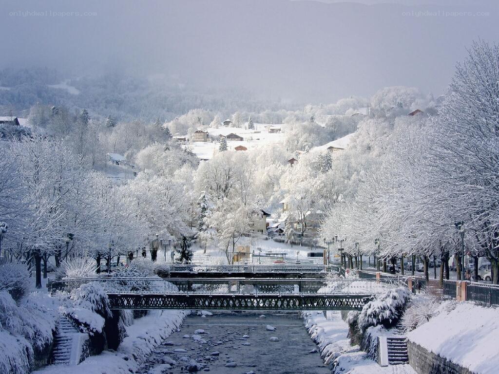 Snowy river town in winter