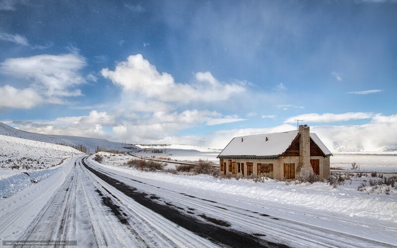 Snowy Road and Cabin
