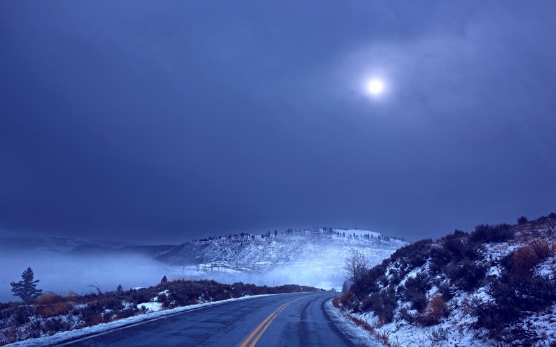 Snowy Road at Night — Blue, Cold