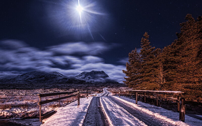 Snowy Road at Night — Blue