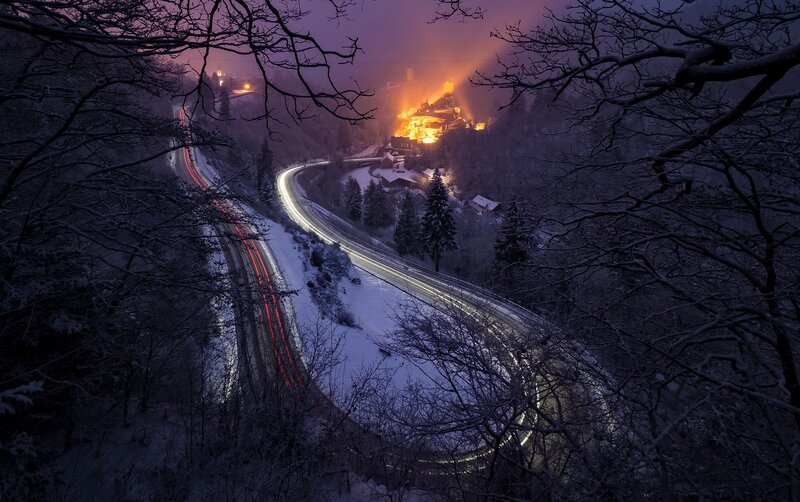 Snowy Road at Night — Purple