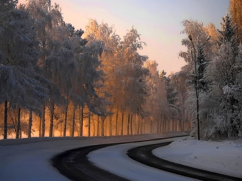 Snowy road at sunrise