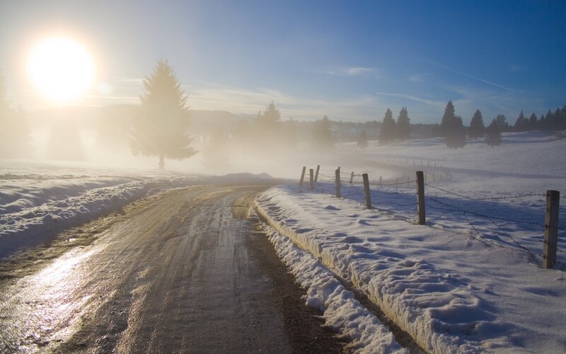 Snowy Road at Sunrise — Blue, Serene