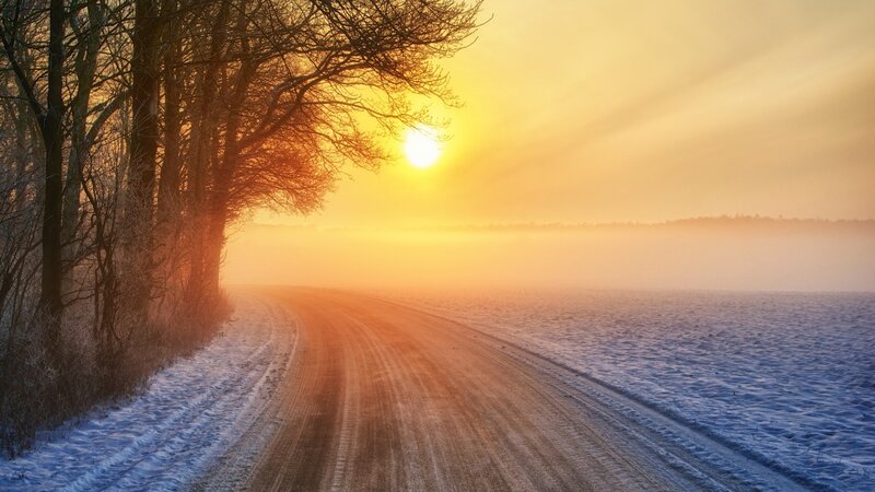Snowy Road at Sunrise — Yellow, Serene