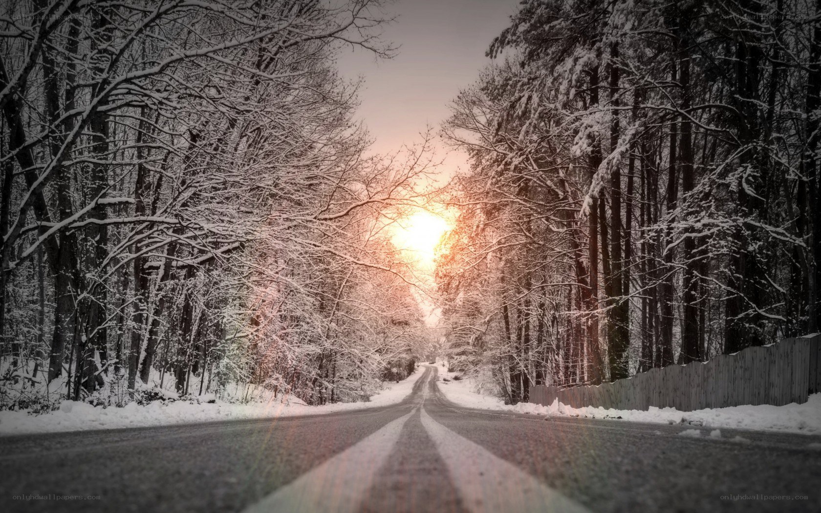 Snowy Road at Sunset