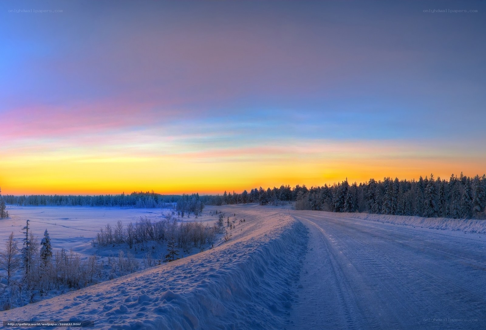 Snowy Road at Sunset