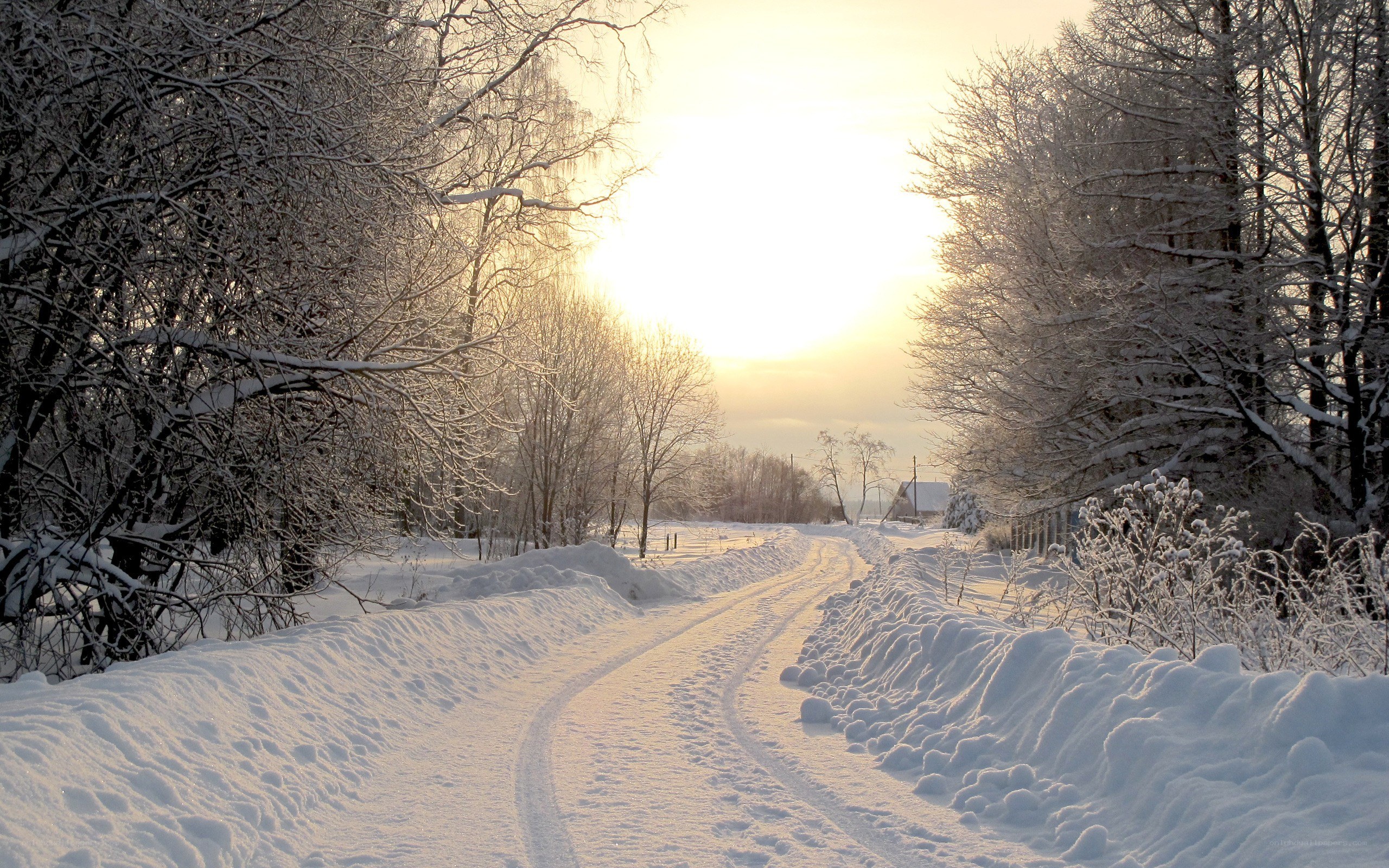 Snowy road at sunset