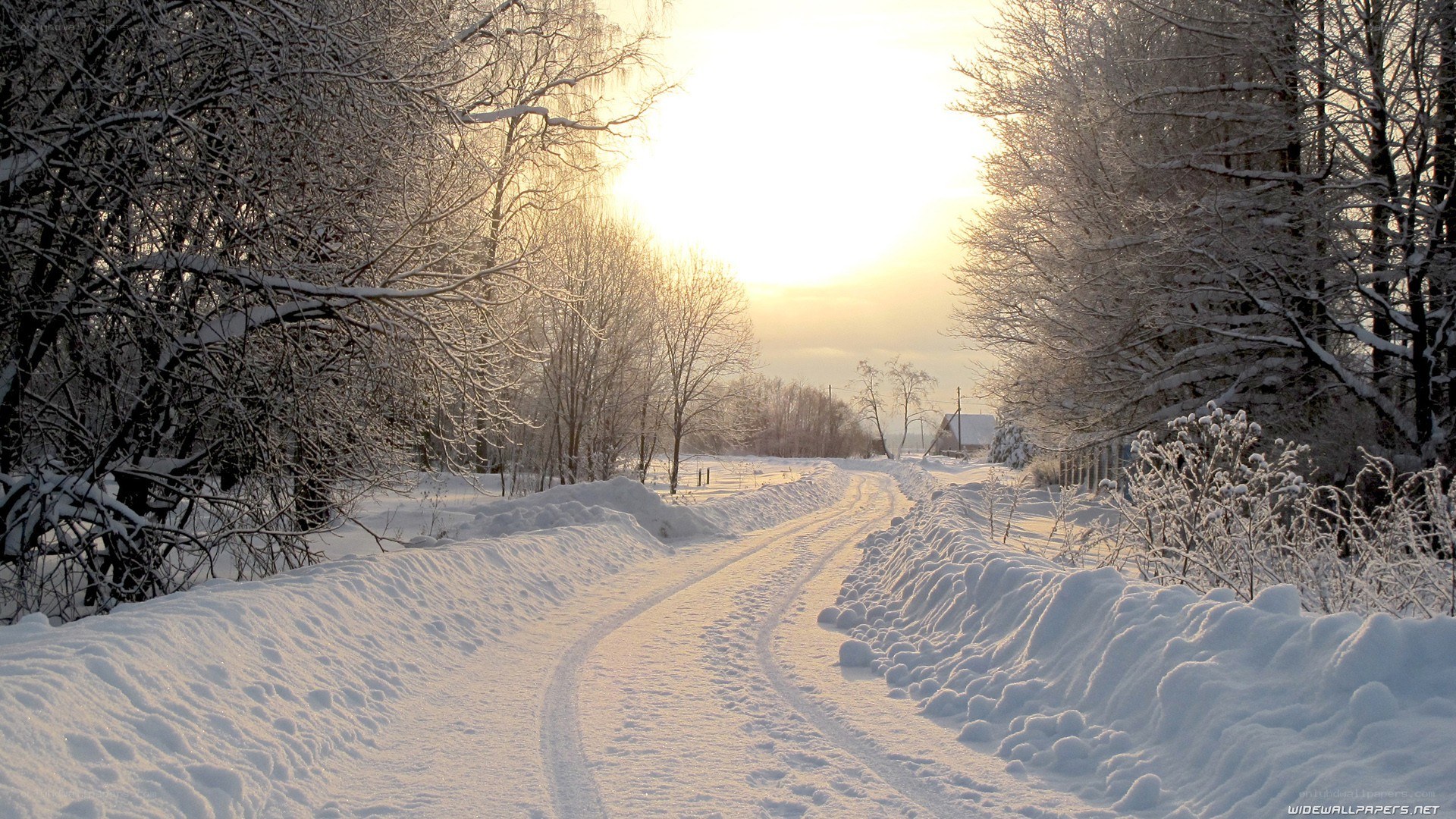Snowy road at sunset