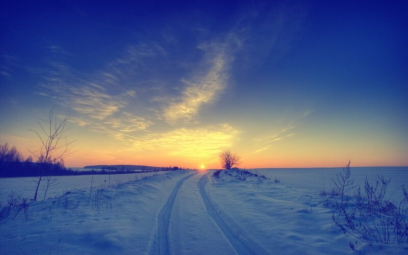Snowy Road at Sunset — Blue, Serene, Photograph