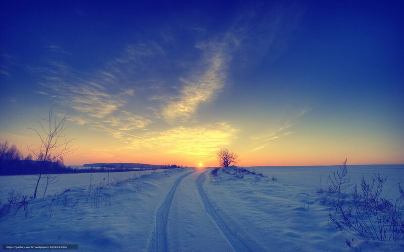 Snowy Road at Sunset — Blue, Serene