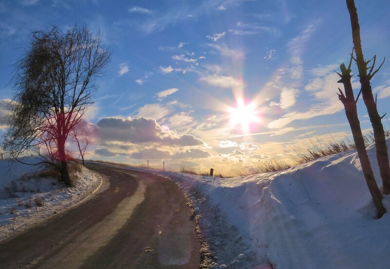 Snowy Road at Sunset — Blue, Serene, Winter