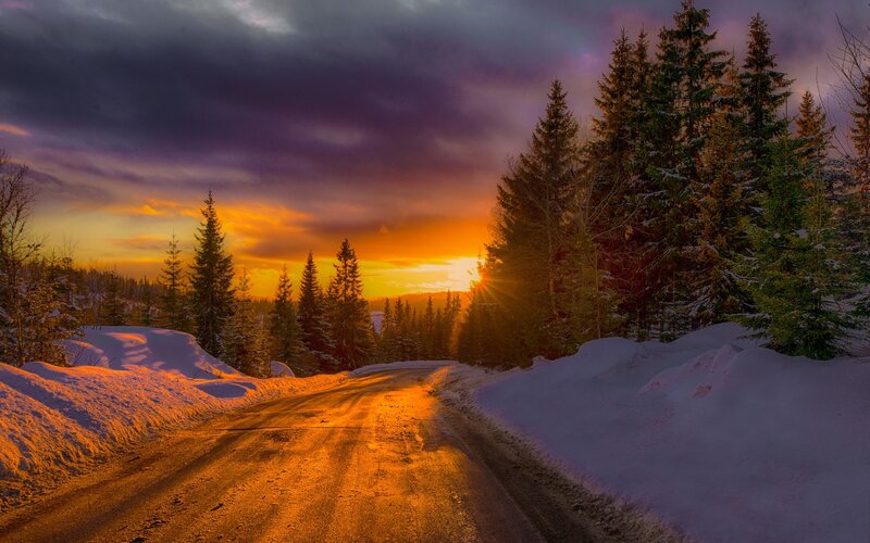 Snowy Road at Sunset — Orange, Dramatic