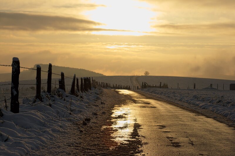 Snowy Road at Sunset — Yellow, Serene, Photograph