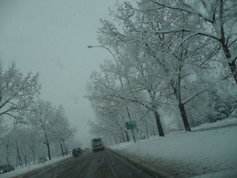 Snowy road during winter storm