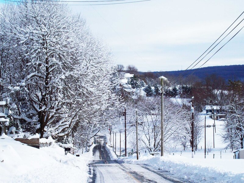 Snowy road in a quiet town