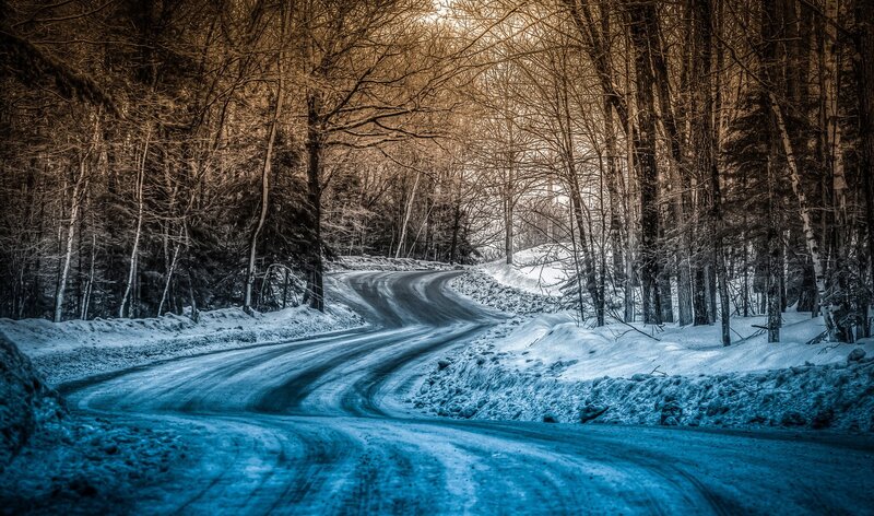 Snowy Road in Forest — Blue, Serene, Winter, Photograph, Trees, Snow