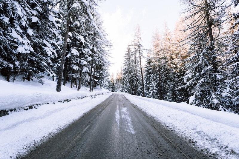 Snowy road in winter forest