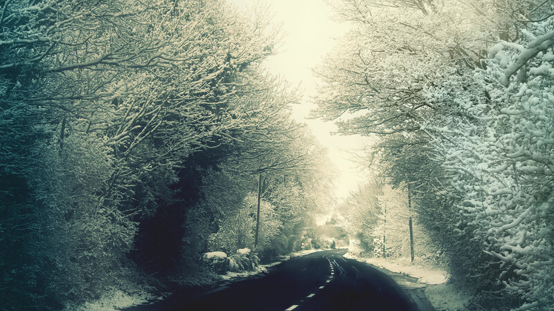 Snowy road through forest