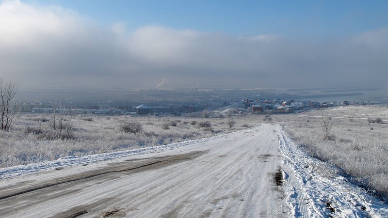 Snowy road to a distant town