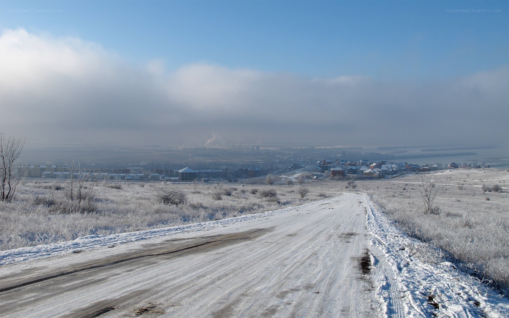 Snowy road to a distant town