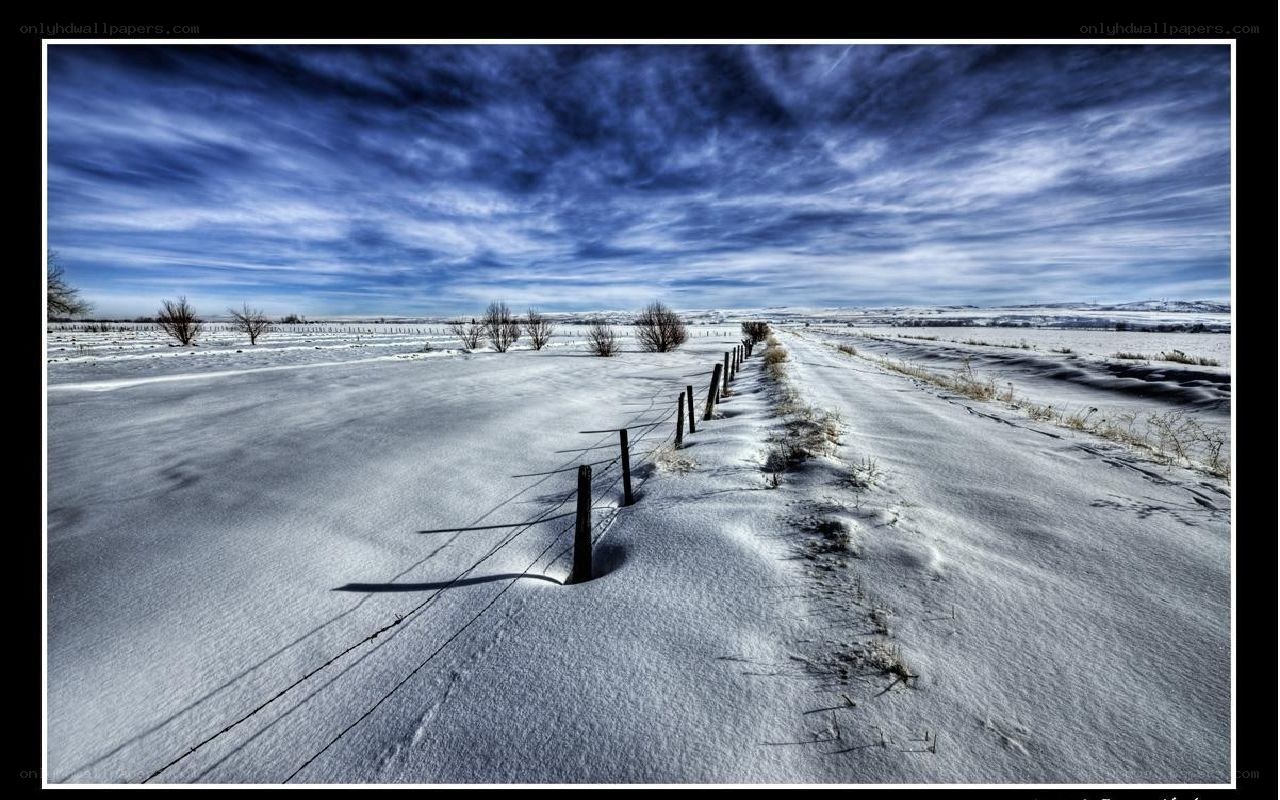 Snowy road under blue sky