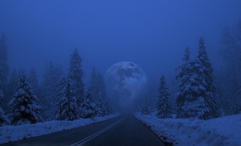 Snowy Road with Full Moon