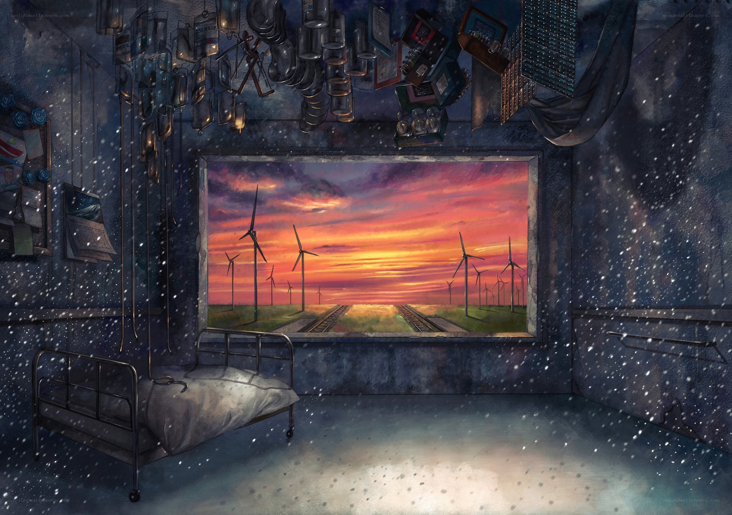 snowy room with wind farm view