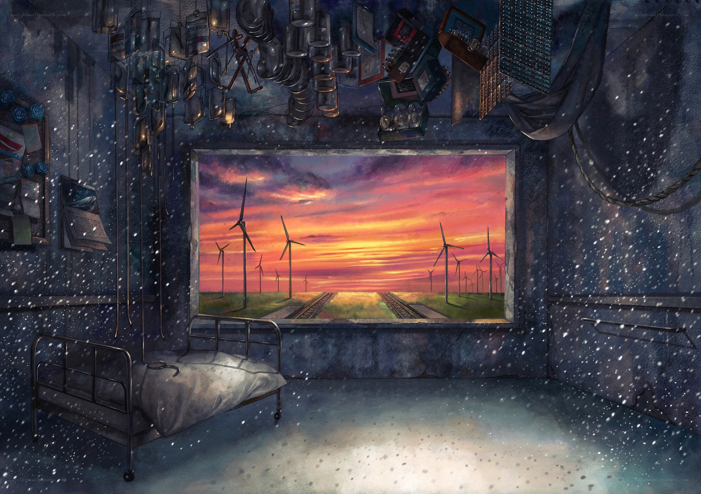 Snowy room with wind turbines